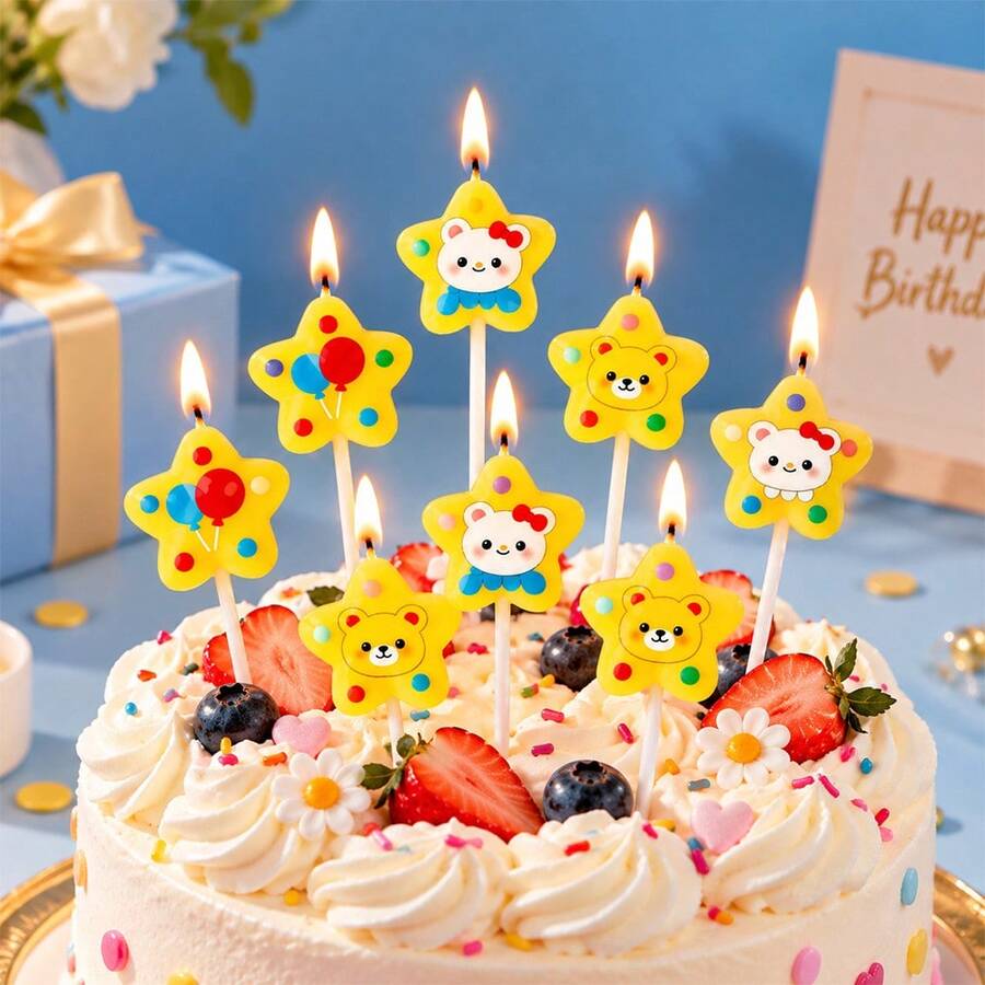 HIBIRTH 3pcs Creative Yellow Star Rabbit Bear Print Happy Birthday Indoor Candles Cake Decoration Wishing Birthday Party Baking Plug-In