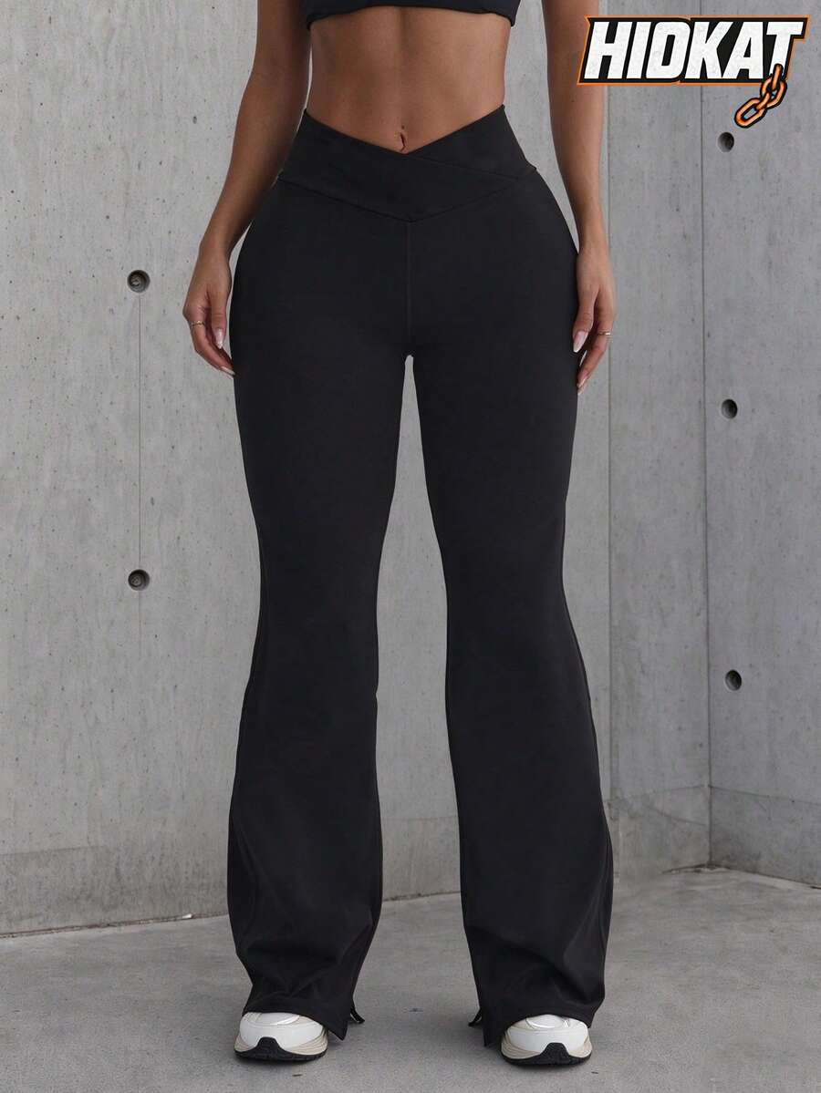 Women's Fashion Solid Color Cross High Waist Yoga Casual Split Leg Knit Sports Pants - Black - View 1