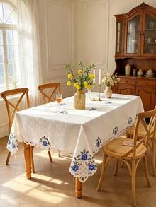 1pc Handmade Hollow Embroidery Floral Pattern Tablecloth, Pastoral Style Polyester Fiber Rectangular/Square Floral Pattern Tablecloth, Suitable For Dining Table, Coffee Table, Tea Table, Daily Home Decor And Wedding Party Holiday - Blue - View 5
