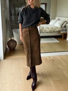 Roviva Women's Autumn/Winter French Vintage Button Midi Skirt, Suitable For Business Office, Commuting, Office, Party, Back To School, Holiday, - Khaki - View 4