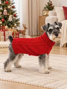 1pc High Elasticity Dog Sweater, Soft Knitted High Neck Pet Winter Clothes, Classic Cable Knit Pullover For Small, Medium And Large Dogs - Red - View 6