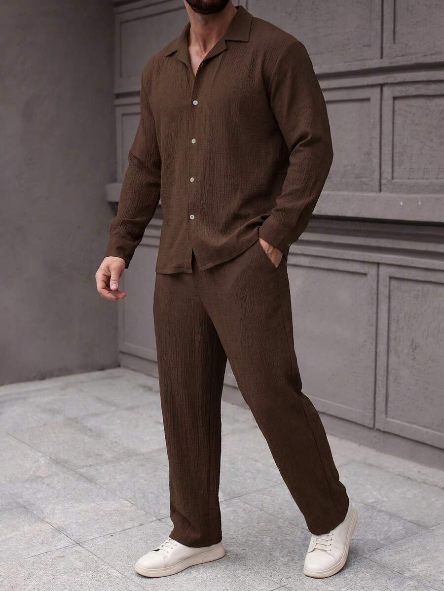 Men's Vintage Dark Brown Shirt Set, Long Sleeve Lapel Jacket With Wide Leg Pants, Textured Fabric, Fresh And Fitted - Coffee Brown - View 1