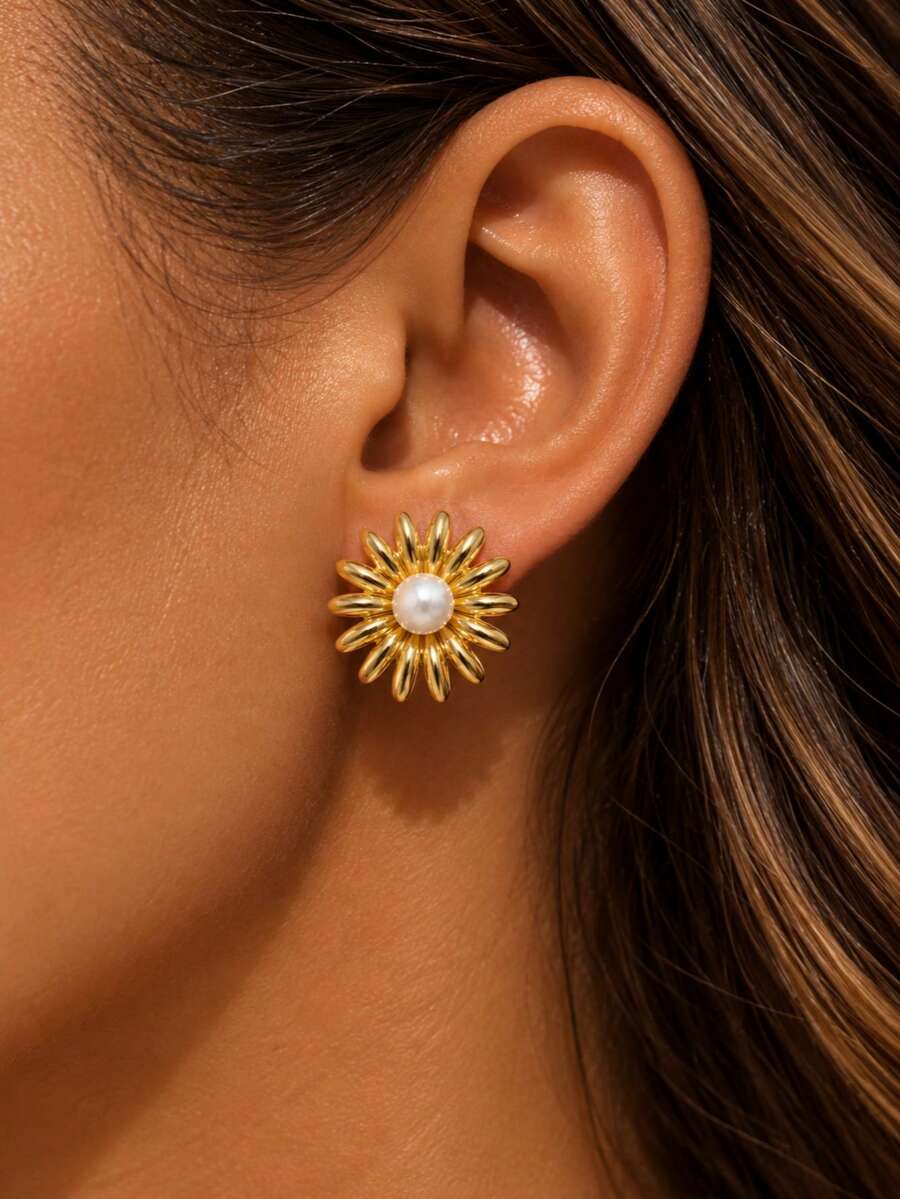 VceTd 1 Pair Elegant Style White Plastic Bead Floral Design Stainless Steel Stud Earrings For Women, Suitable For Parties - Yellow Gold - View 1