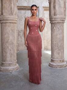 Modphy New Women's Sexy Square Neck Sleeveless Backless Heavy Hand-Embellished Beaded Rhinestone Tassel Bandage Long Dress, Elegant Formal Evening Gown - Brick Red - View 1