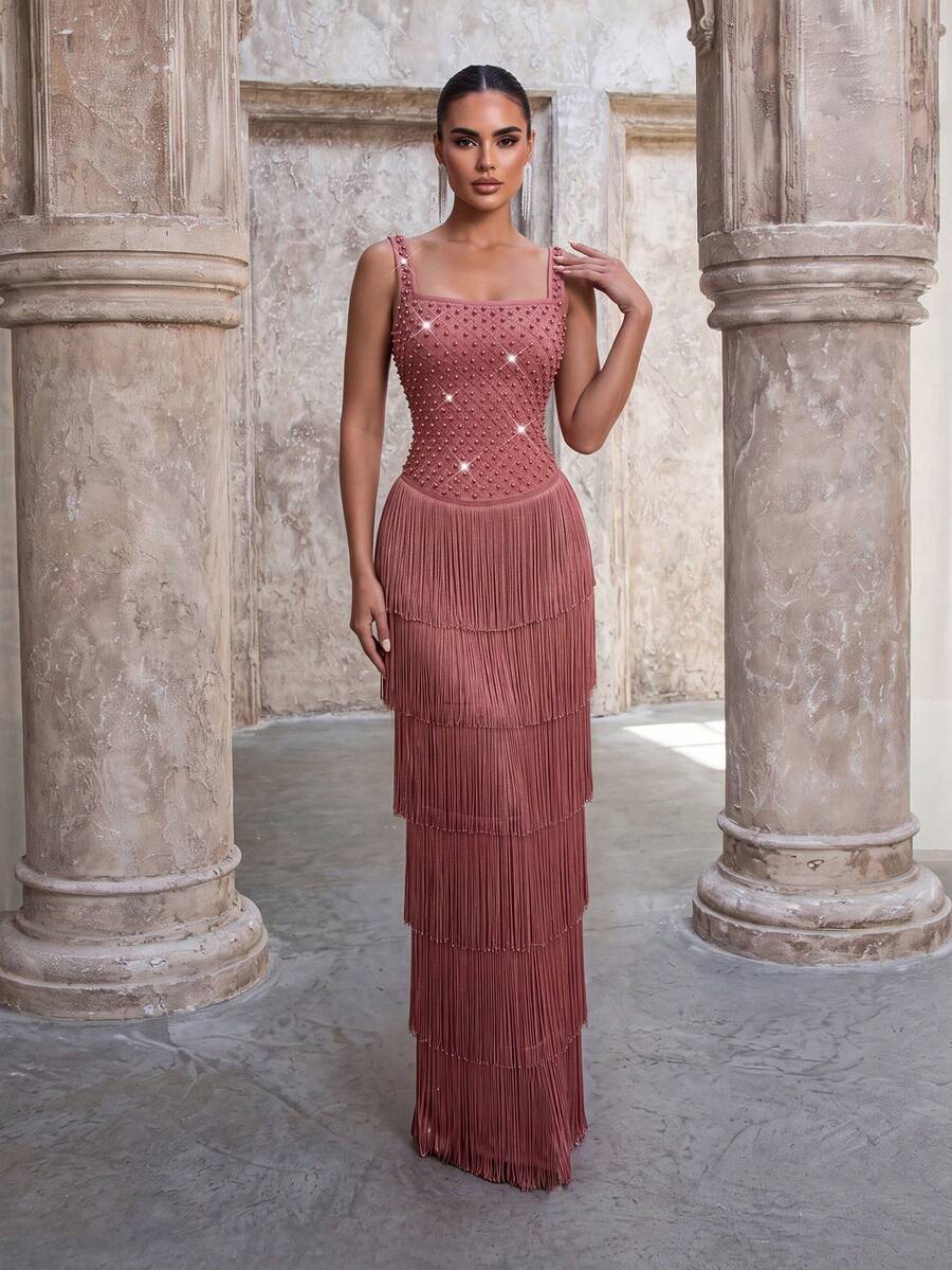 Modphy New Women's Sexy Square Neck Sleeveless Backless Heavy Hand-Embellished Beaded Rhinestone Tassel Bandage Long Dress, Elegant Formal Evening Gown - Brick Red - View 1