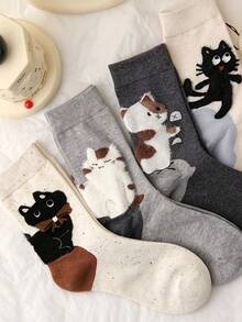 1/4/8 Pairs Autumn Winter New Easy Sweet Cartoon Cat Follow Heel Versatile High Aesthetic Mid-Calf Socks - Multicolor - View 2