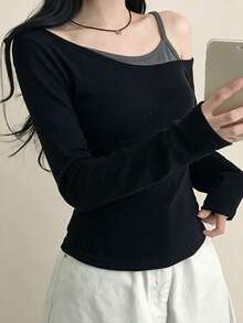 Hot Girl Style Asymmetric Cold Shoulder Long Sleeve T-Shirt Women Slim Fit Design 2 In 1 Cropped Top - Black - View 7