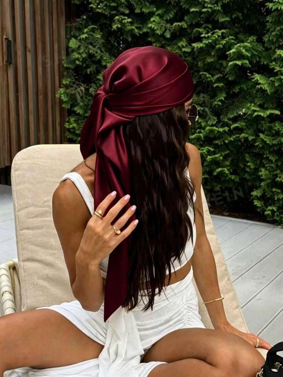 1pc 70cm Solid Color Square Scarf - Burgundy - View 1