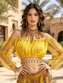 Sequin Off Shoulder Sheer Mesh Crop Top Tassel Hem, Beaded Fringe Choker Neckpiece Collar, Adobe Courtyard Oasis Dance Show Wear, Multi-Color Available - Multicolor - View 4