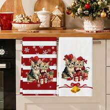 2pcs/Pack Christmas Snowman Cat Pattern Cleaning Cloth, Christmas Decoration, Soft High Absorbent Kitchen Towel, Winter Home Decor, Christmas Gift, Tea Towel, Hand Towel, Suitable For Kitchen, Bathroom Decor, Restaurant Decor, Christmas Decor, Daily Use, Party, Gathering, Dinner - Red - View 8