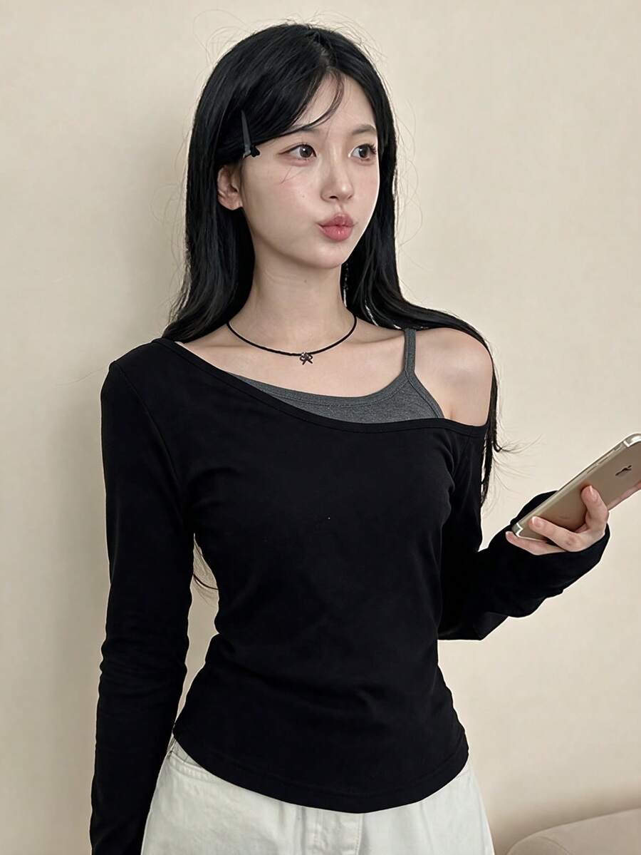 Hot Girl Style Asymmetric Cold Shoulder Long Sleeve T-Shirt Women Slim Fit Design 2 In 1 Cropped Top - Black - View 1