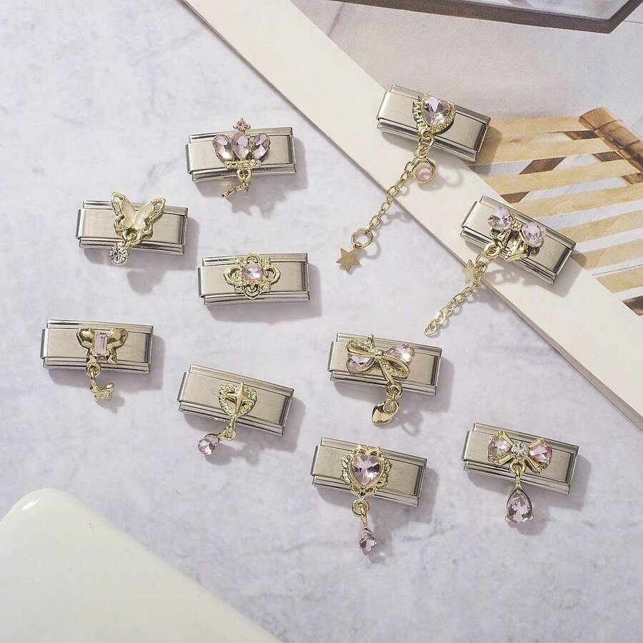 1pc Steel‑Tone Stainless Steel Italian Module Charm, Alloy Rhinestone Heart Butterfly Bow Dangle DIY Bracelet Accessory