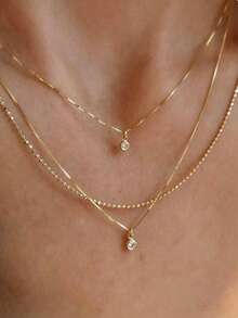 1pc Fashionable Exquisite Multi-Layer Stacked Necklace With Gold Cubic Zirconia Pendant, Suitable For Women's Daily Wear, Dating, Party And Other Occasions, Also A Perfect Gift For Friends - Yellow Gold - View 4