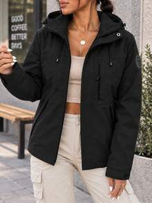 AODSR Women Black Hooded Utility Jacket With Zippered Chest Pocket And Side Zip Pockets Long Sleeve Casual Outdoor Coat - Black - View 5