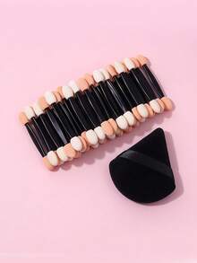 50 piezas Aplicador de esponja reutilizable de doble cabezal para sombra de ojos + Juego de borlas triangulares para polvo, 1 pieza Borla para polvo suelto, Herramientas de maquillaje sin látex, Portátil - Negro - Ver 2