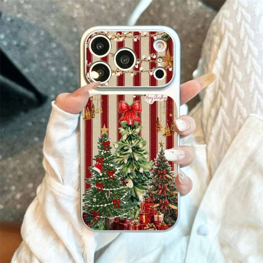 1pc TPU Material Warm Red Striped Christmas Tree & Bow Pattern Phone Case Suitable For IPhone 17 Pro Max/17/16 Pro Max/15/14/13/12/11 Full Coverage Anti-Drop Soft Shell Phone Protective Cover - Silver - View 1