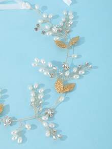 1pc Vintage Gold Leaf & Pearl Vine Headband Bridal Hair Accessory, Elegant Handmade Beaded Wedding Accessory - Gold - View 5