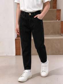 Young Boy Simple Black Wash Wide Leg Jeans, Casual Wear, Versatile, Adjustable Elastic Waist, Loose Fit, Wide Leg Denim Pants - Black - View 12