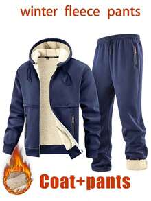 Men's 2-Piece Winter Sports Set, Fleece Lined Hooded Zip-Up Jacket & Straight Leg Sweatpants, Elastic Drawstring Warm Set With Zipper Pockets - Blue - View 1