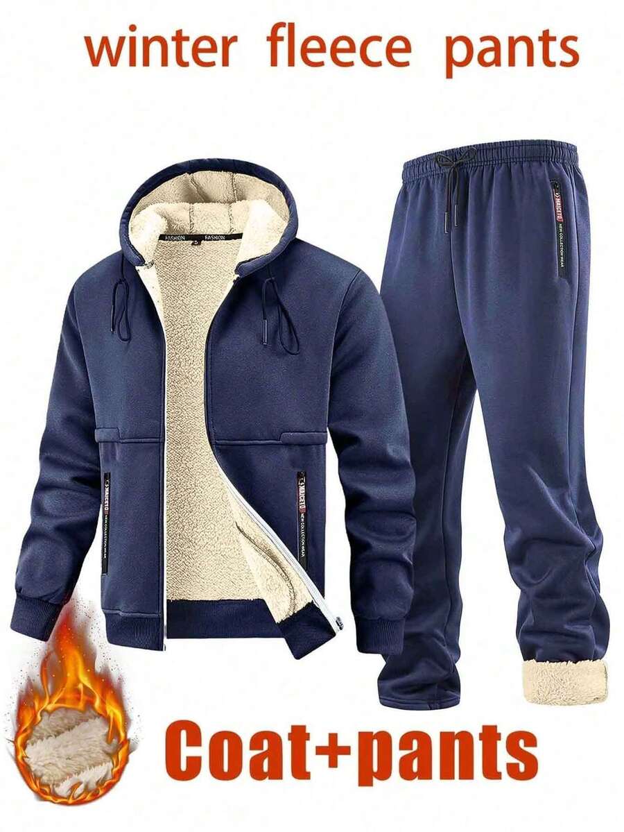 Men's 2-Piece Winter Sports Set, Fleece Lined Hooded Zip-Up Jacket & Straight Leg Sweatpants, Elastic Drawstring Warm Set With Zipper Pockets - Blue - View 1