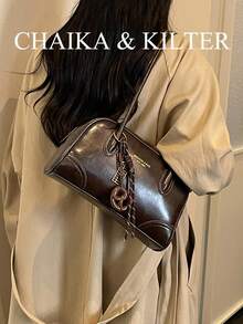CHAIKA & KILTER 1件裝 素色亮面PU布料女款時尚單肩包 多口袋大容量波士頓保齡球包 拉鍊開合 適合日常與街頭使用（附吊飾） - 咖啡 - 查看 6