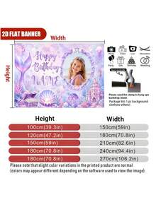 1pc Customizable Name Dreamy Mermaid Theme Happy Birthday Backdrop, Gradient Fish Tail Colorful Faux Pearl Shell Castle Design, Personalized Name Mermaid Theme Birthday Party Cake Smash Photography Decoration Banner Vinyl Material, Children's Art Activity - Purple - View 6