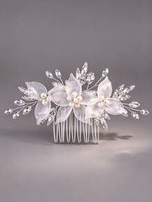 1pc Resin Flower Handmade Rhinestone Decorated Fashion Hair Comb, Suitable For Bridal Wedding, Daily Wear, Party And Festival Hair Accessory - Silver - View 3