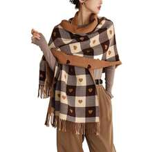 1pc Faux Cashmere Plaid Heart Scarf, Women's Versatile Warm Tassel Shawl, Suitable For Daily Wear - Multicolor - View 4