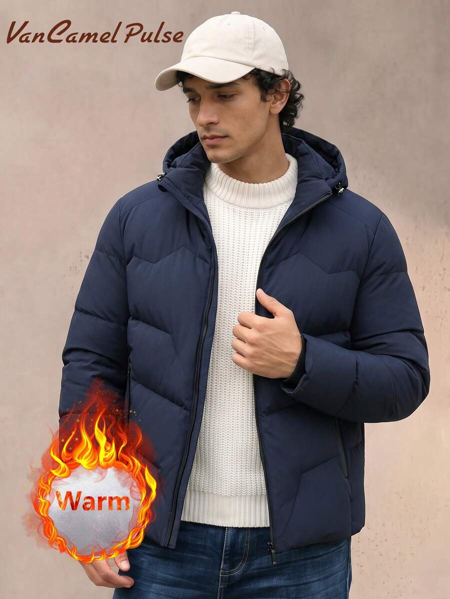 Vancamel Pulse Men's Thickened Outdoor Casual Detachable Hooded Solid Color Jacket, Versatile Warm Jacket - Navy Blue - View 1