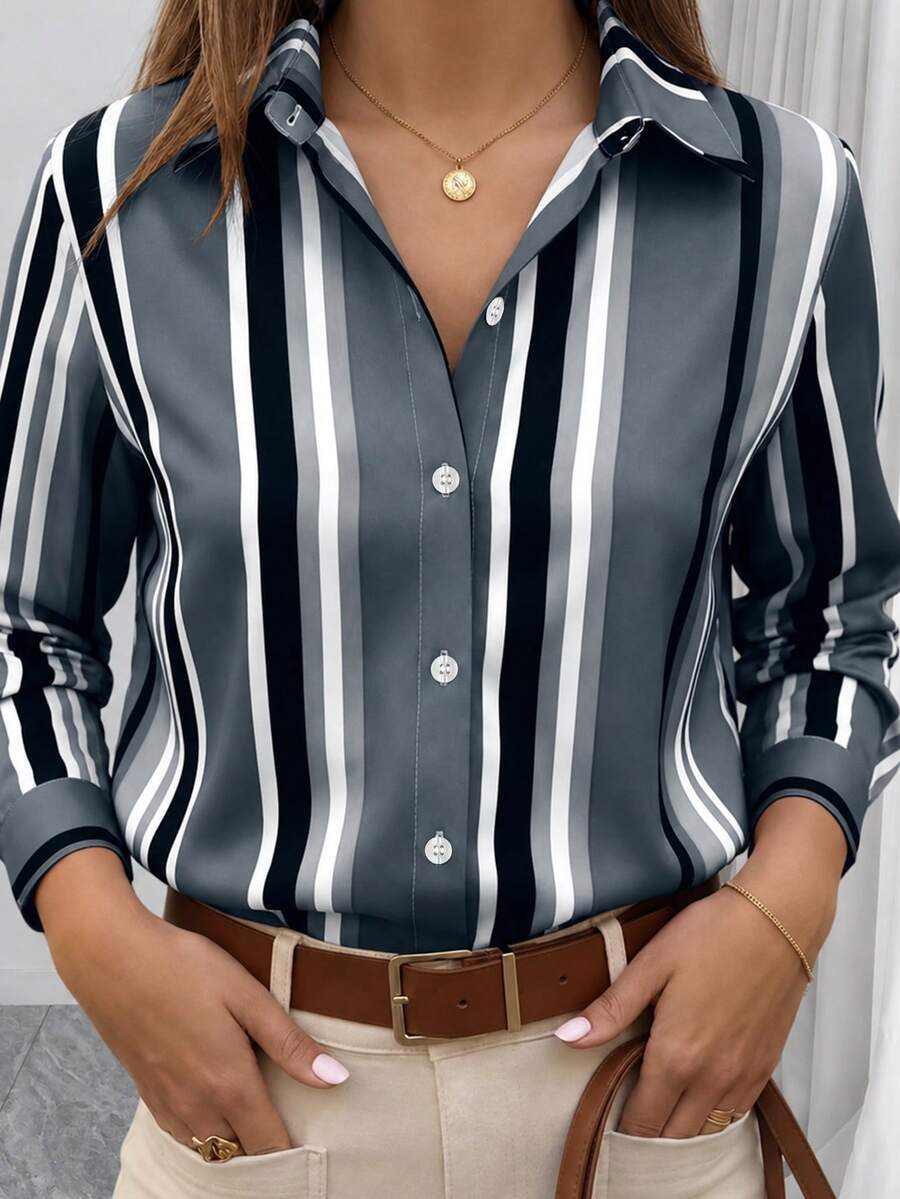 Women's Fashion Colorblock Vertical Striped Lapel Shirt, Long Sleeve Workwear Commuting Elegant Blouse Vacation - Grey - View 1