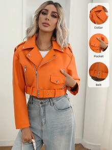Women's Faux Leather Lapel Zipper Motorcycle Short Jacket With Belt - Orange New - View 2
