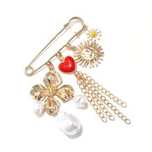 1pc Vintage Sun Daisy Red Heart Four-Leaf Clover Pearl Tassel Pendant Brooch Women Multi-Functional Versatile - Multicolor - View 2