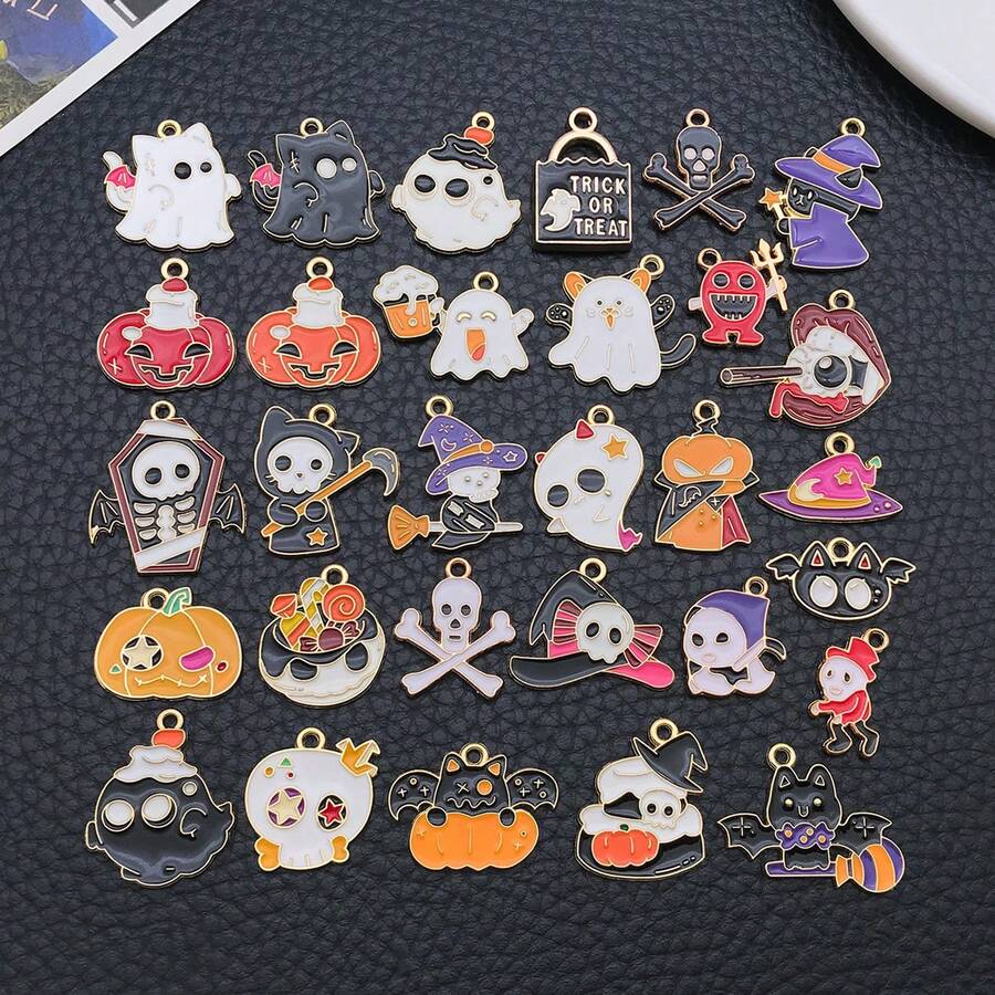 30pcs Assorted Halloween Enamel Charms Spooky Themed Coffin Skeleton Candy Bat Charms For DIY Handmade Jewelry Making Earring Keychain Crafts