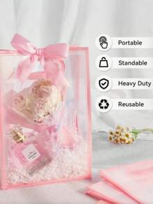 10/2pcs Transparent Pink PVC Gift Bags, Bow Ribbon Handle Waterproof Gift Bags, Bridesmaid Invitation Gift Bags, Wedding Favors, Birthday, Bachelorette Party Candy Packaging And Storage Bags - Pink - View 3