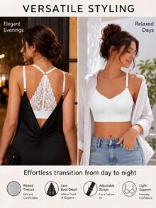 Wavy Lace Trim Racerback Wireless Bra, Ribbed V-Neck Tank Top Style Lingerie, Adjustable Shoulder Straps, Fixed One-Piece Padding, Suitable For Daily Casual Wear - White - View 7