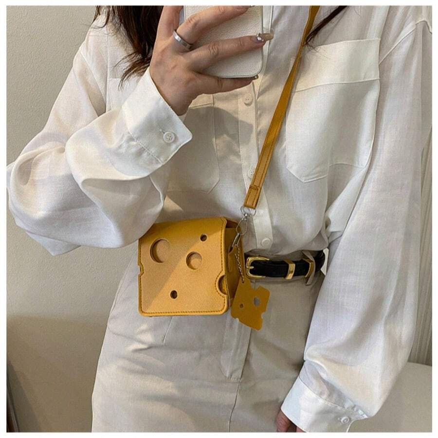 1pc Mini Cheese Crossbody Bag, Creative Hollow Cheese Square Small Bag With Adjustable Shoulder Strap, Can Hold Lipstick, Earphones, Coins, Suitable For Daily Carry, Birthday Gift, Thanksgiving Gift, Christmas Gift - Multicolor - View 1