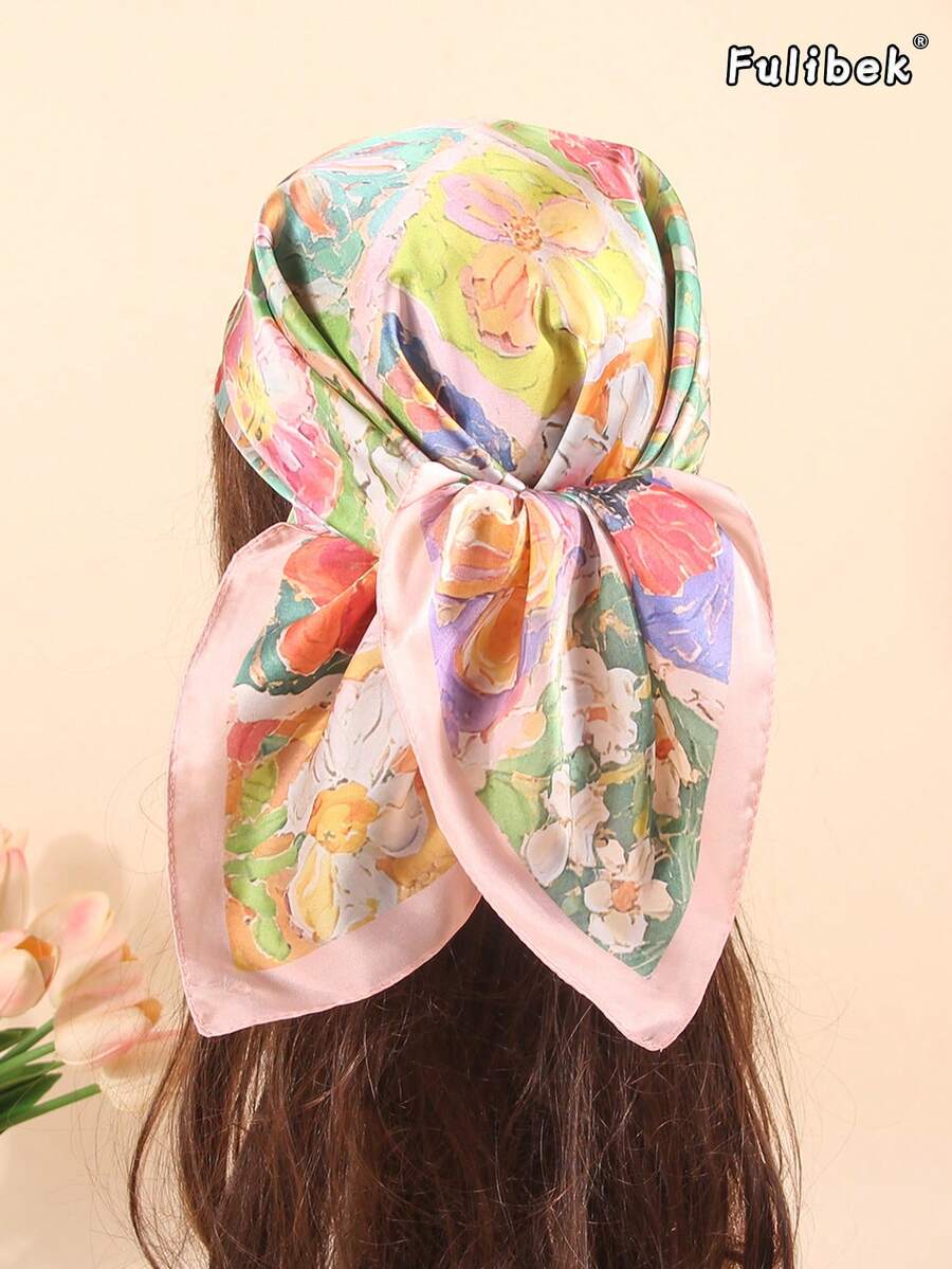 1pc Faux Silk Printed Square Scarf Headband Fashionable Multi-Functional Small Neck Scarf Suitable For Daily Use - Multicolor - View 1