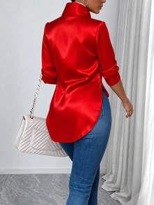 Women's Fashion Satin Lapel Side Slit Draping Elegant Long Sleeve Blouse Spring Red - Red - View 2