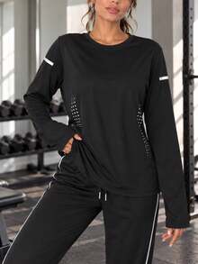 Women's Black Long Sleeve Top With Breathable Side Panels And Reflective Sleeve Detail, Slim Fit Running Shirt - Black - View 1