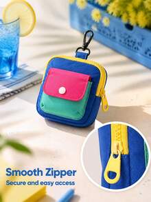 Women's Coin Purse, Portable Compact Colorblock Small Card Holder, Mini Earphone Key Zipper Storage Bag, Dopamine Colorblock Mini Bag - Multicolor - View 2
