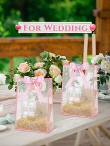 10/2pcs Transparent Pink PVC Gift Bags, Bow Ribbon Handle Waterproof Gift Bags, Bridesmaid Invitation Gift Bags, Wedding Favors, Birthday, Bachelorette Party Candy Packaging And Storage Bags - Pink - View 2