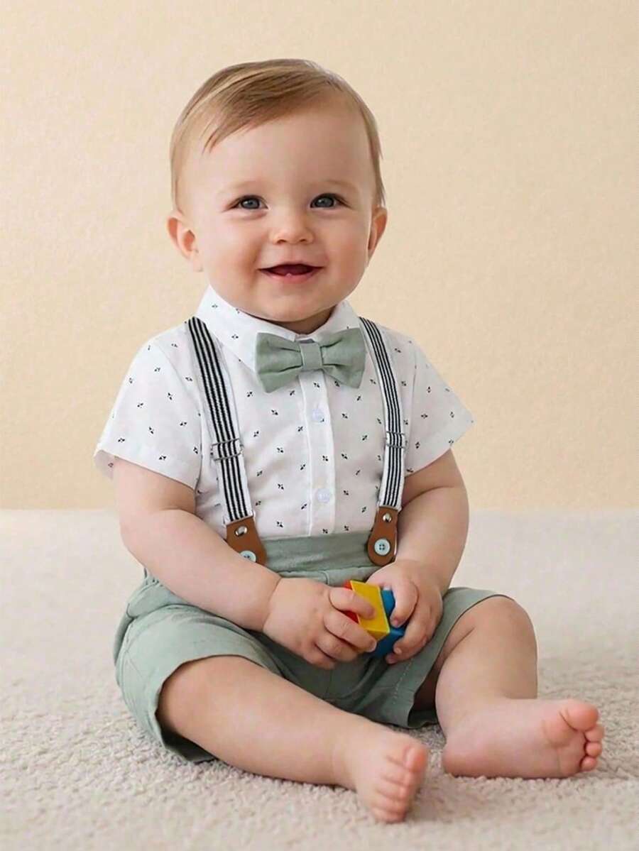 BOARNSEORL 2pcs Baby Boys Gentleman Outfit Set: Short Sleeve Collared Shirt With Bow Tie And Overalls Shorts, Fashionable For Birthday Party, Wedding, Summer - Green - View 1