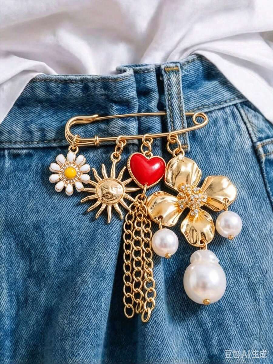 1pc Vintage Sun Daisy Red Heart Four-Leaf Clover Pearl Tassel Pendant Brooch Women Multi-Functional Versatile - Multicolor - View 1