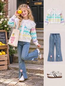 Girls' Autumn/Winter Sweet & Cute Denim Pants Set, Lace Large Collar Rainbow Wave Pattern Button Cardigan With 3D Flower Front Slit Denim Flare Pants, 2 Pieces Set - Multicolor - View 3