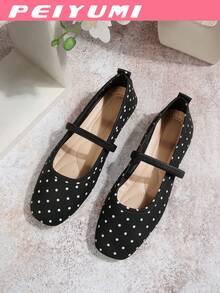 PEIYUMI Autumn Square Toe Mary Jane Flats, Black Crocodile Embossed Soft PU, Comfortable And Soft, Suitable For Daily Commute, Versatile - Black and White Polka Dot - View 2