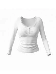 Áo thun nữ cổ chữ U tay dài, thời trang mới xuân/thu, thiết kế viền ren và bèo nhún, dáng ôm croptop cài nút - trắng - Xem 3