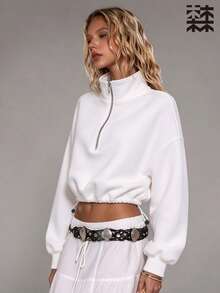 mulinsen Women's Loose Short Half-Zip Sweatshirt, Drawstring Hem, Stand Collar, Long Sleeve, Sports, Casual Daily Wear - White - View 1