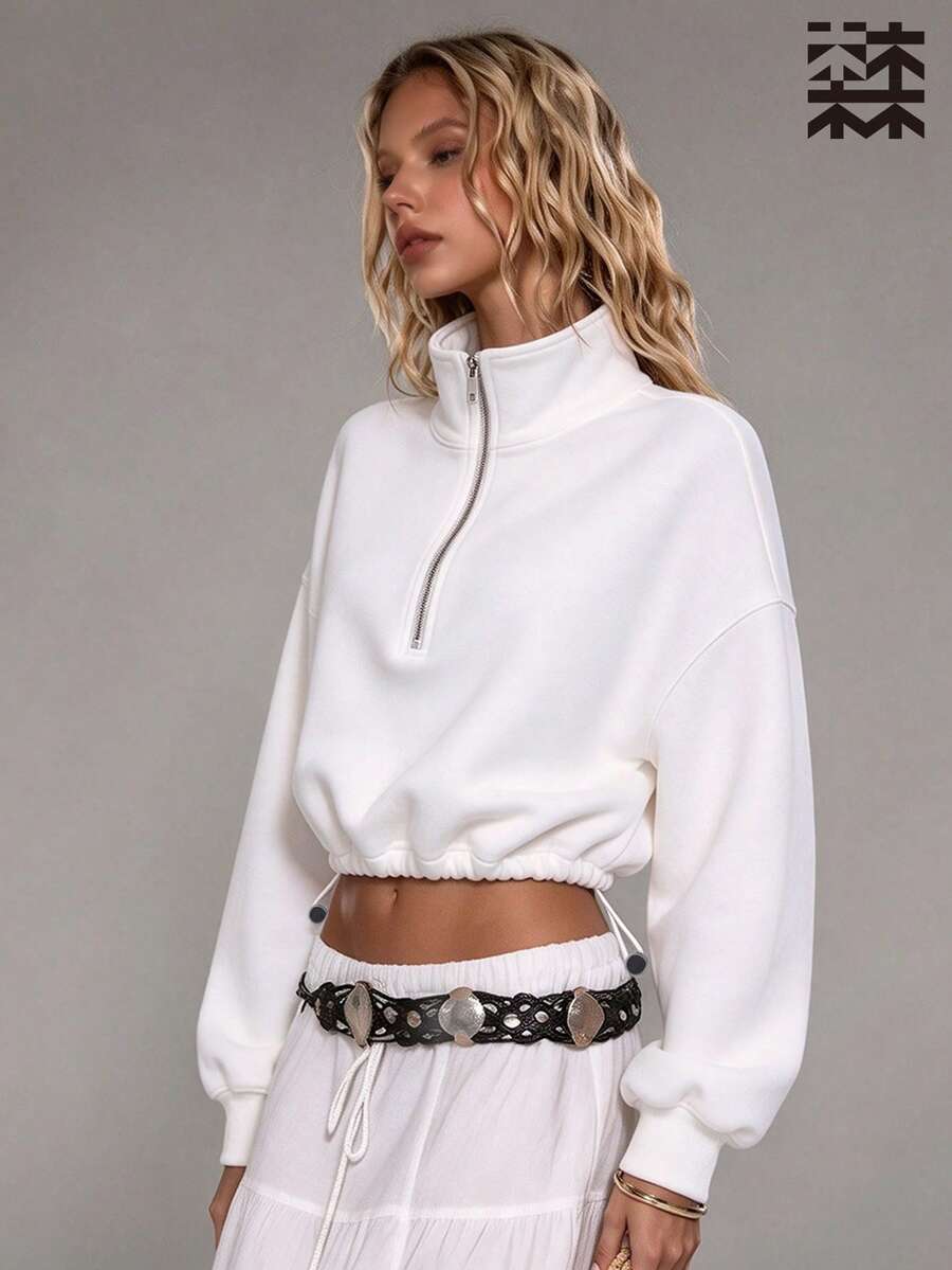 mulinsen Women's Loose Short Half-Zip Sweatshirt, Drawstring Hem, Stand Collar, Long Sleeve, Sports, Casual Daily Wear - White - View 1