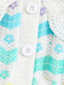 Girls' Autumn/Winter Sweet & Cute Denim Pants Set, Lace Large Collar Rainbow Wave Pattern Button Cardigan With 3D Flower Front Slit Denim Flare Pants, 2 Pieces Set - Multicolor - View 6