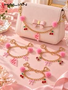 HAILIAN Sweet Pink Bag Charm Chain, Bow/Cherry/Heart Pendant, Gold Chain, Girly Handbag Accessory - Multicolor - View 1